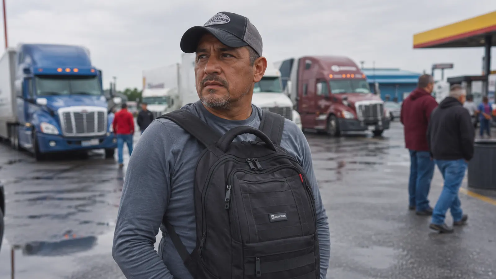 Road warrior with a slate-blue anti-theft backpack at a busy truck stop at dusk