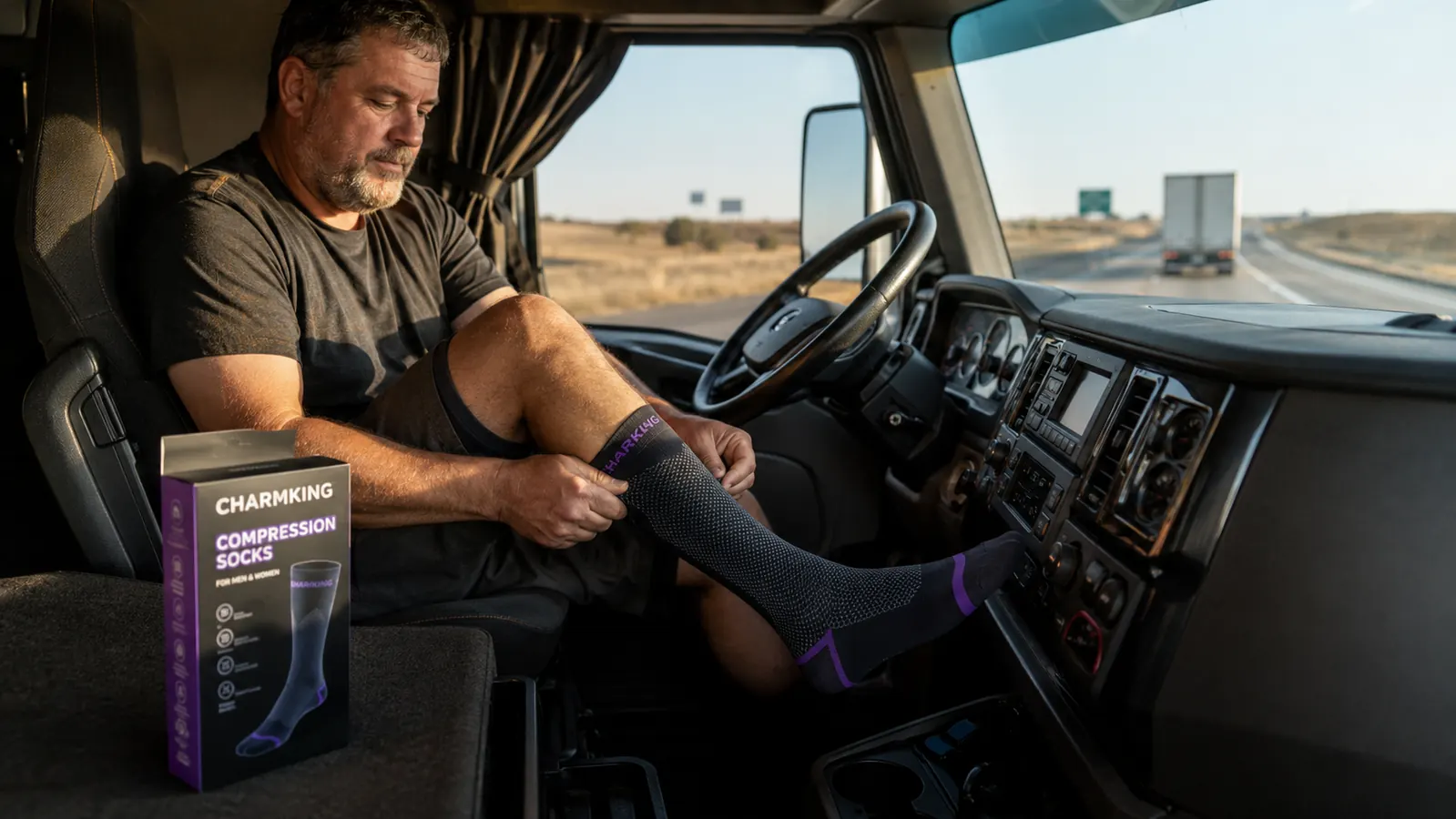 Pair of CHARMKING compression socks laid flat next to a road atlas on a truck cab bunk