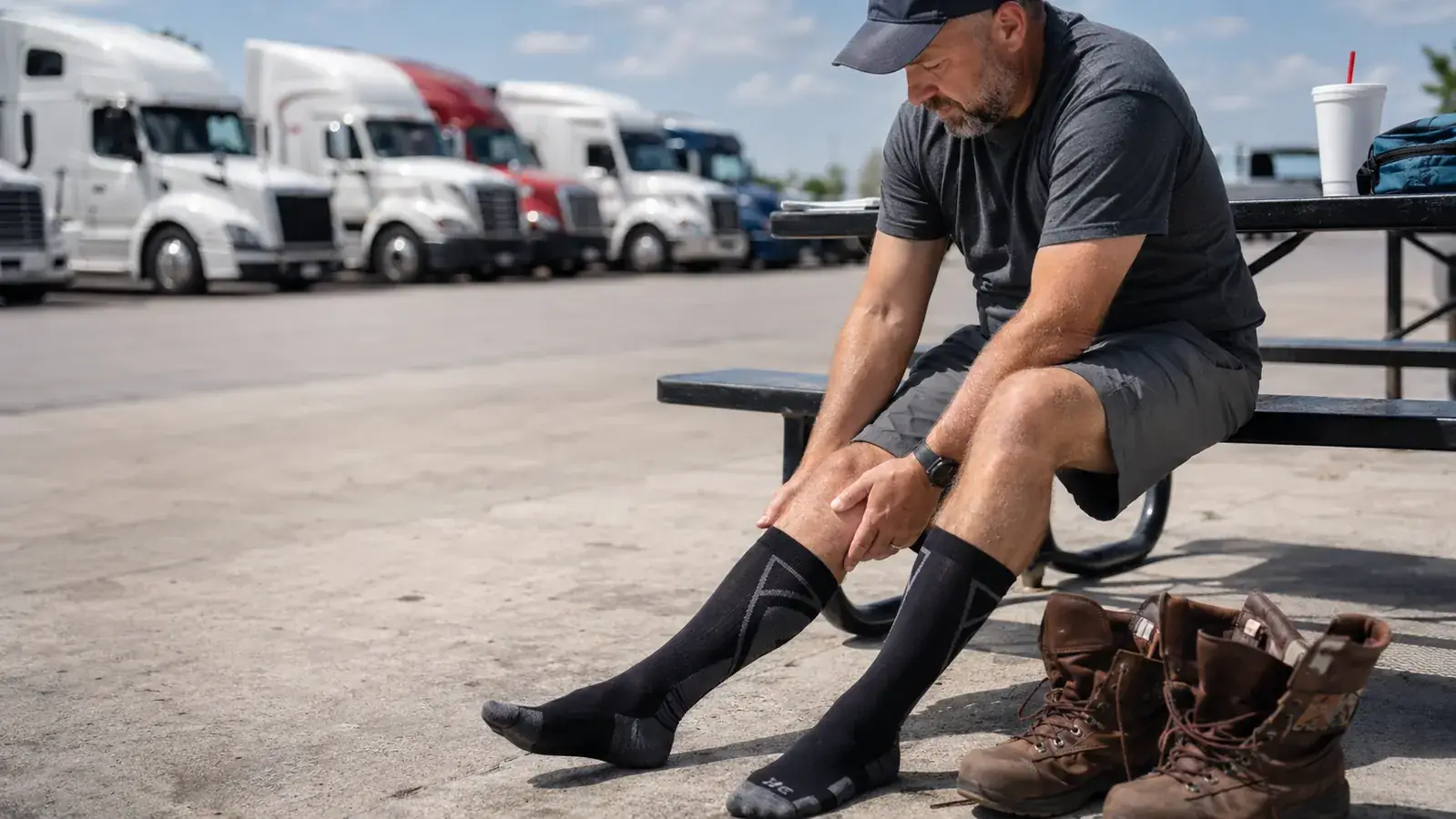 Long-haul trucker's legs resting on the cab step at a rest stop, wearing black compression socks, late afternoon light