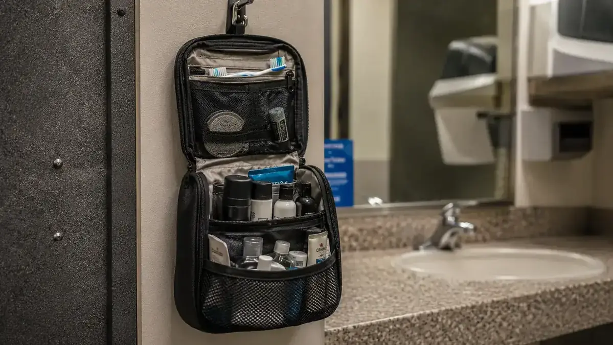 Side-by-side flat dopp kit with bottles spilling on a wet counter versus a hanging toiletry bag neatly suspended from a hook with nothing touching the surface