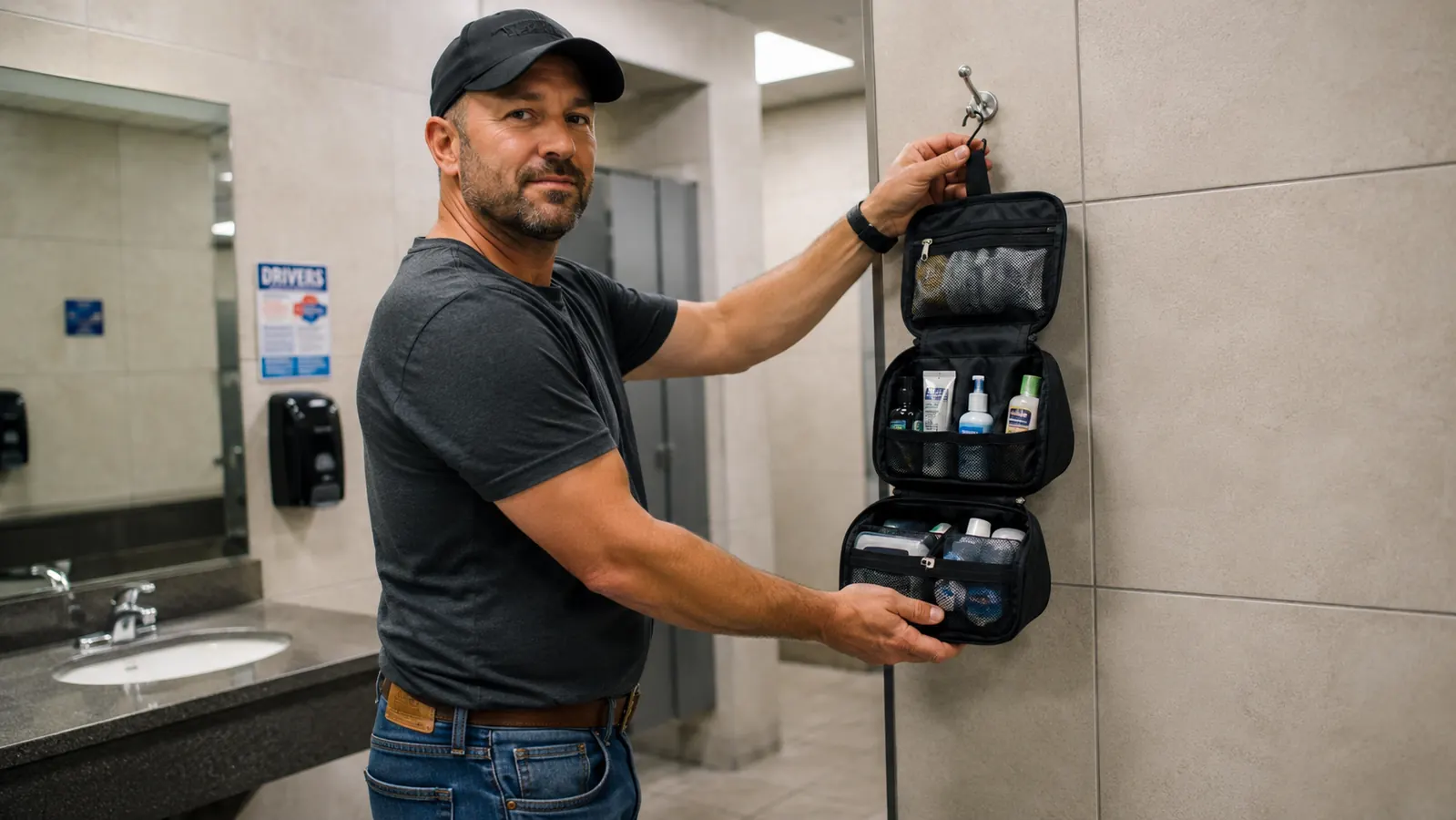 Hanging toiletry bag suspended from a hook in a truck stop bathroom stall, fully open with compartments visible