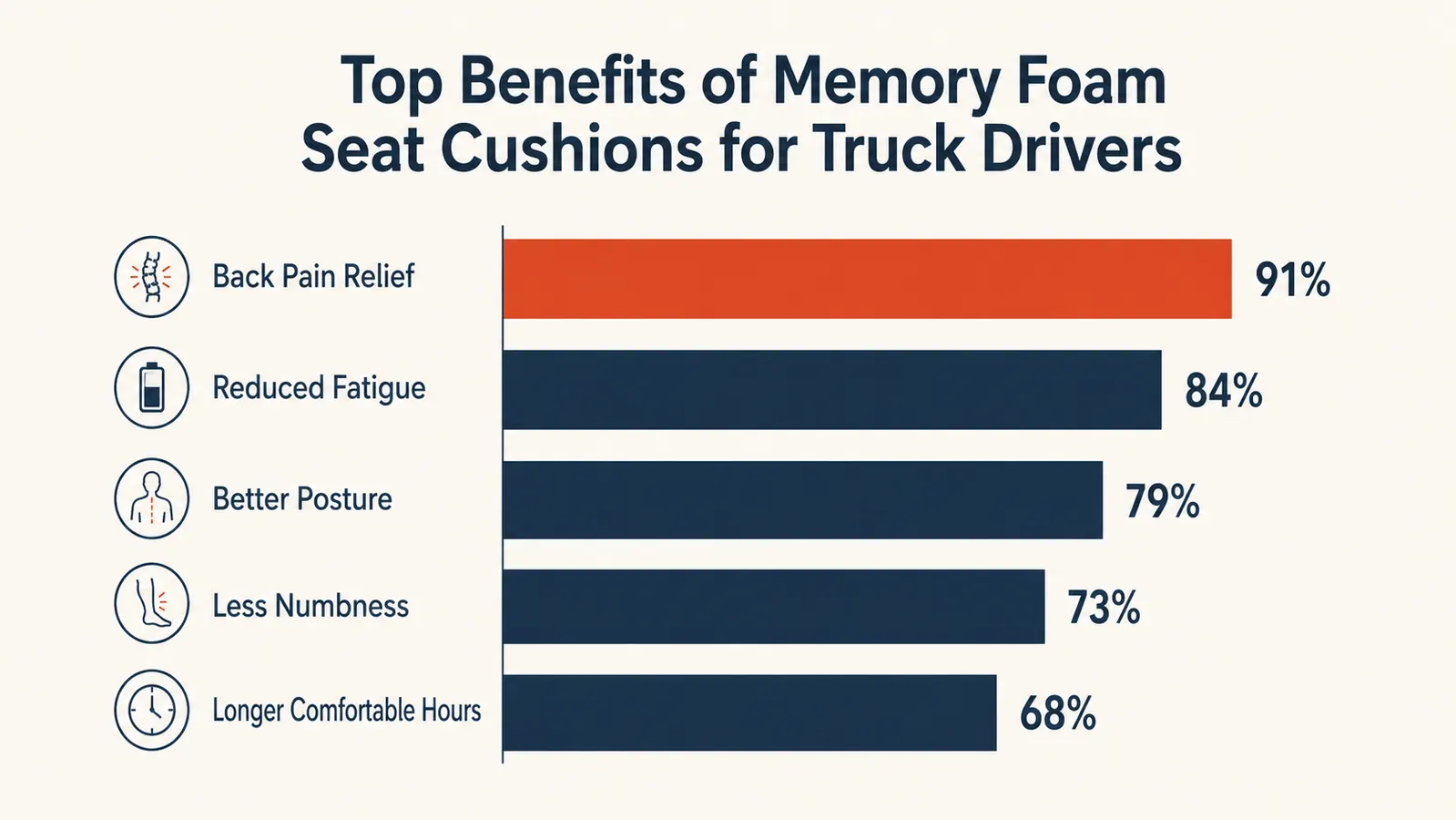 Diagram showing pressure distribution with and without a memory foam seat cushion during long drives