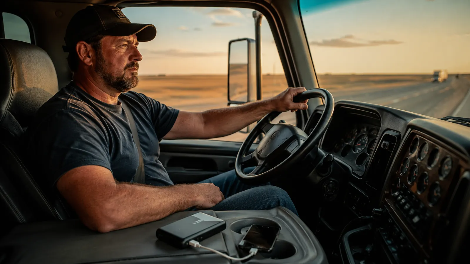 Truck cab at dusk on a long desert highway, dashboard glowing with navigation and phone screen
