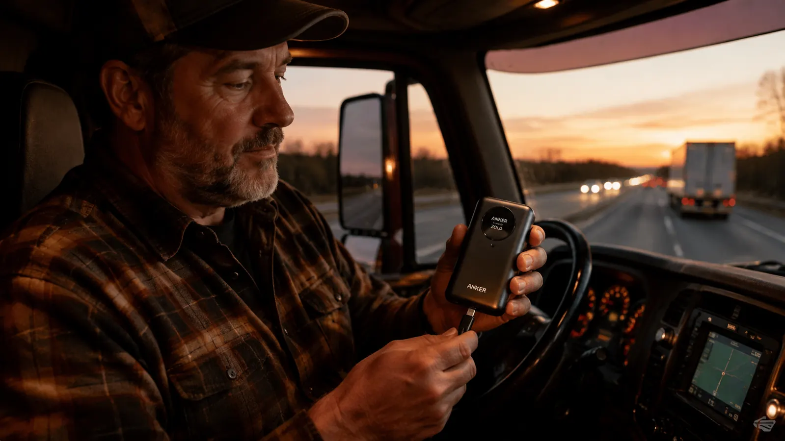 Hand plugging the built-in USB-C cable from the Anker Zolo into a phone in a truck cab