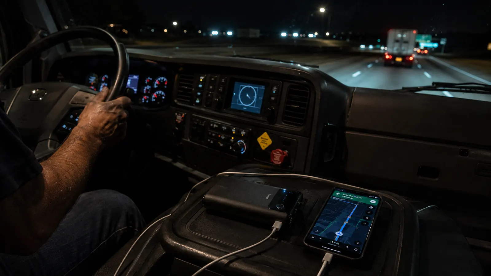 Anker Zolo power bank beside a phone and a tablet on a truck sleeper bunk