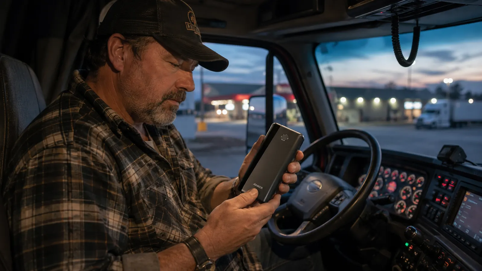 Anker Zolo power bank sitting on a truck dashboard at sunset with an open highway ahead