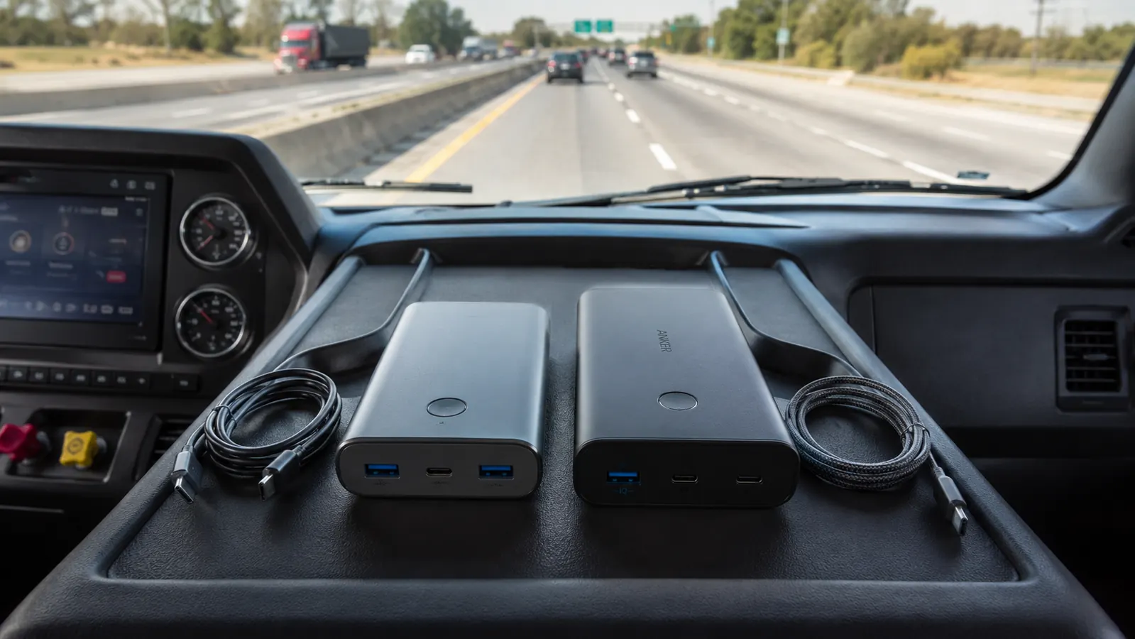 Power bank resting on a truck dashboard with a phone and GPS unit plugged in, highway visible through windshield at dawn