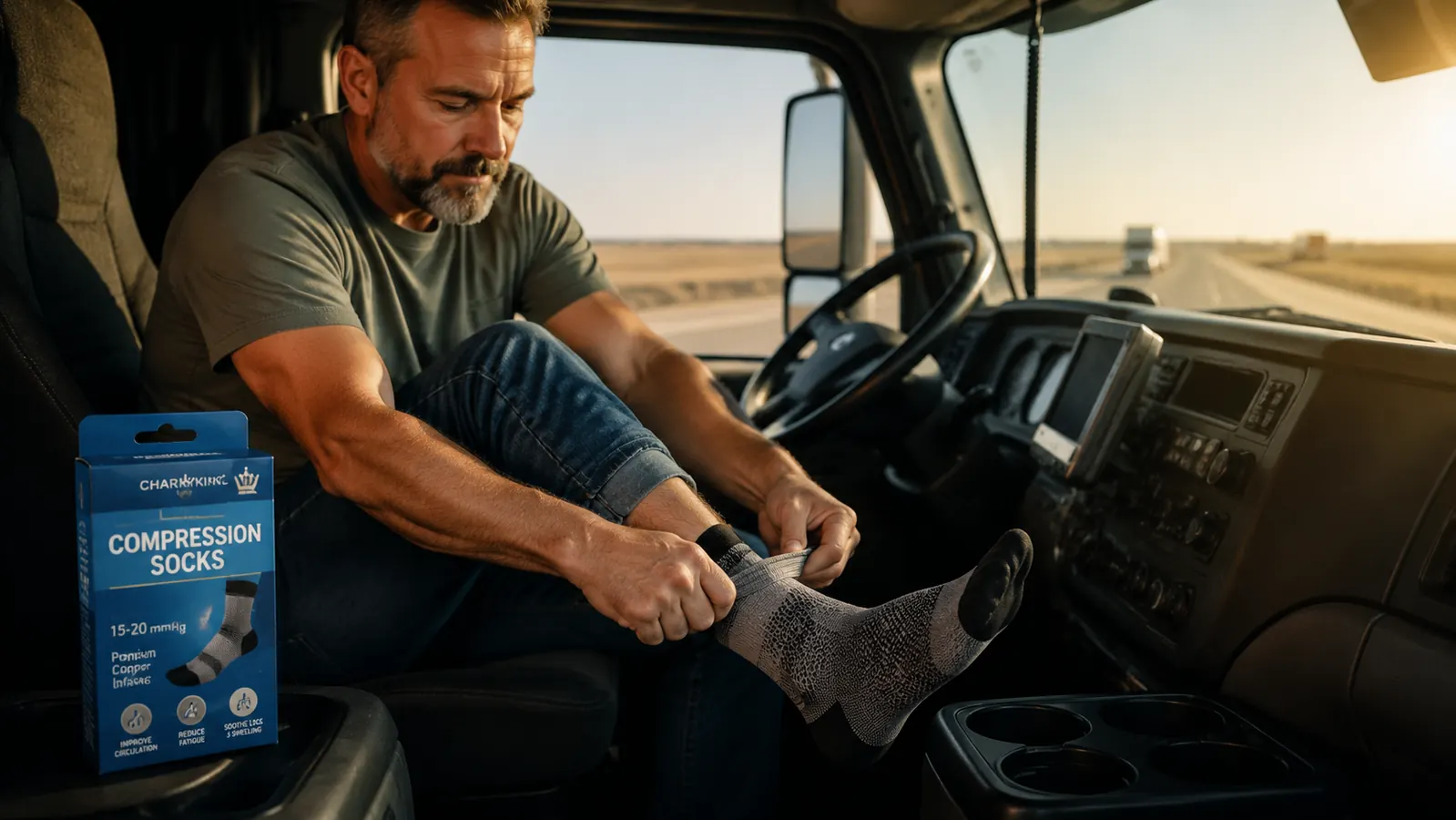 Hands pulling on CHARMKING compression socks next to a truck steering wheel
