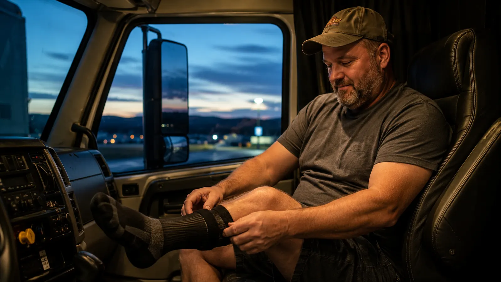 Long-haul truck cab at dawn with compression socks visible on the driver's legs resting on the step rail