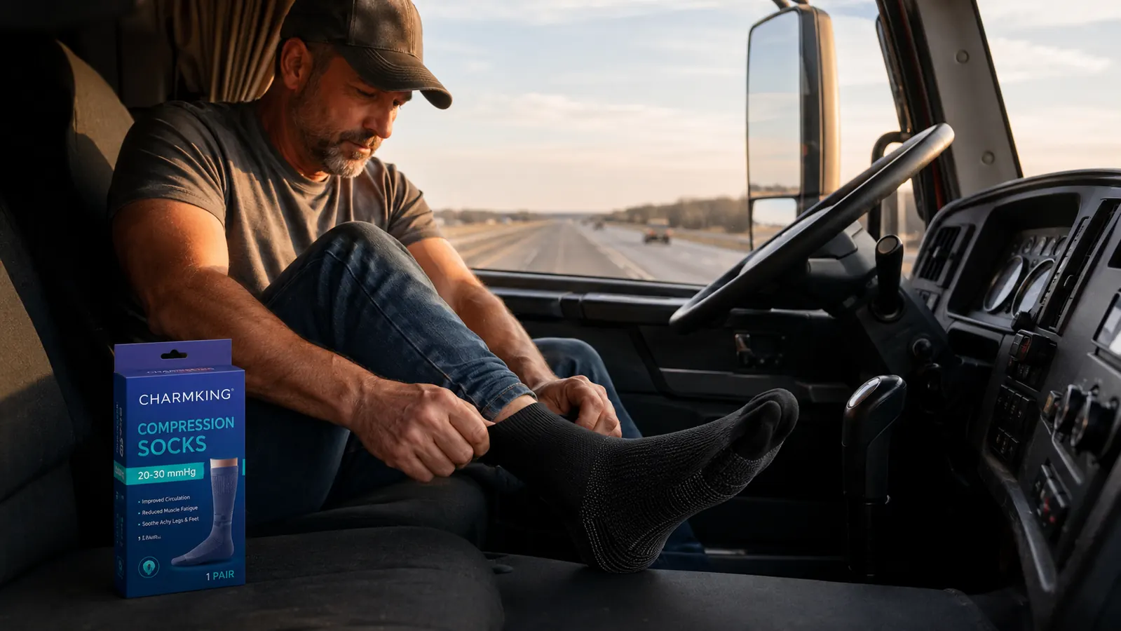 Close view of compression socks being pulled on inside a truck cab, driver seated in the seat