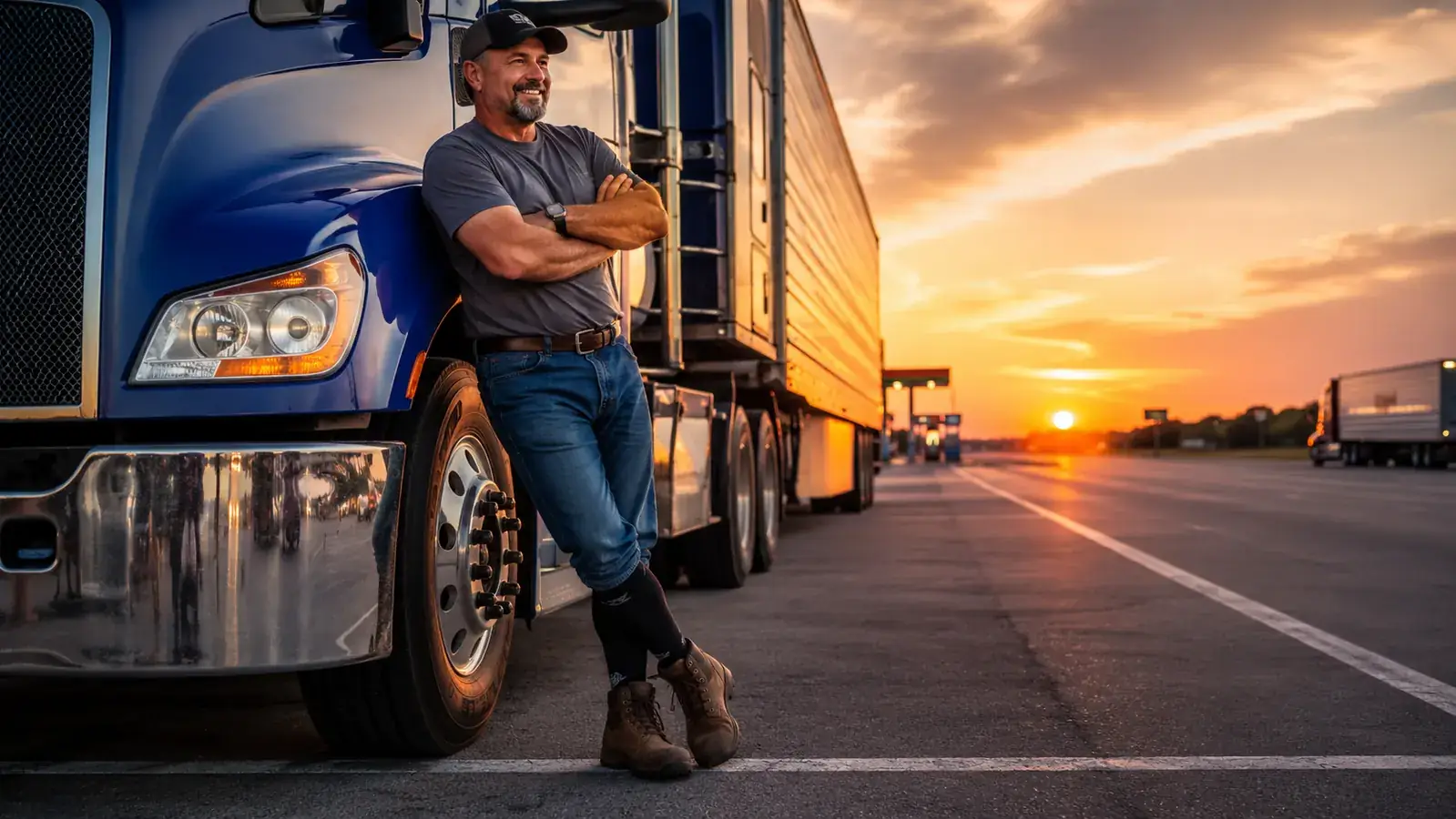 Long-haul truck parked at a highway rest stop at dawn, sun just breaking over flat Texas landscape