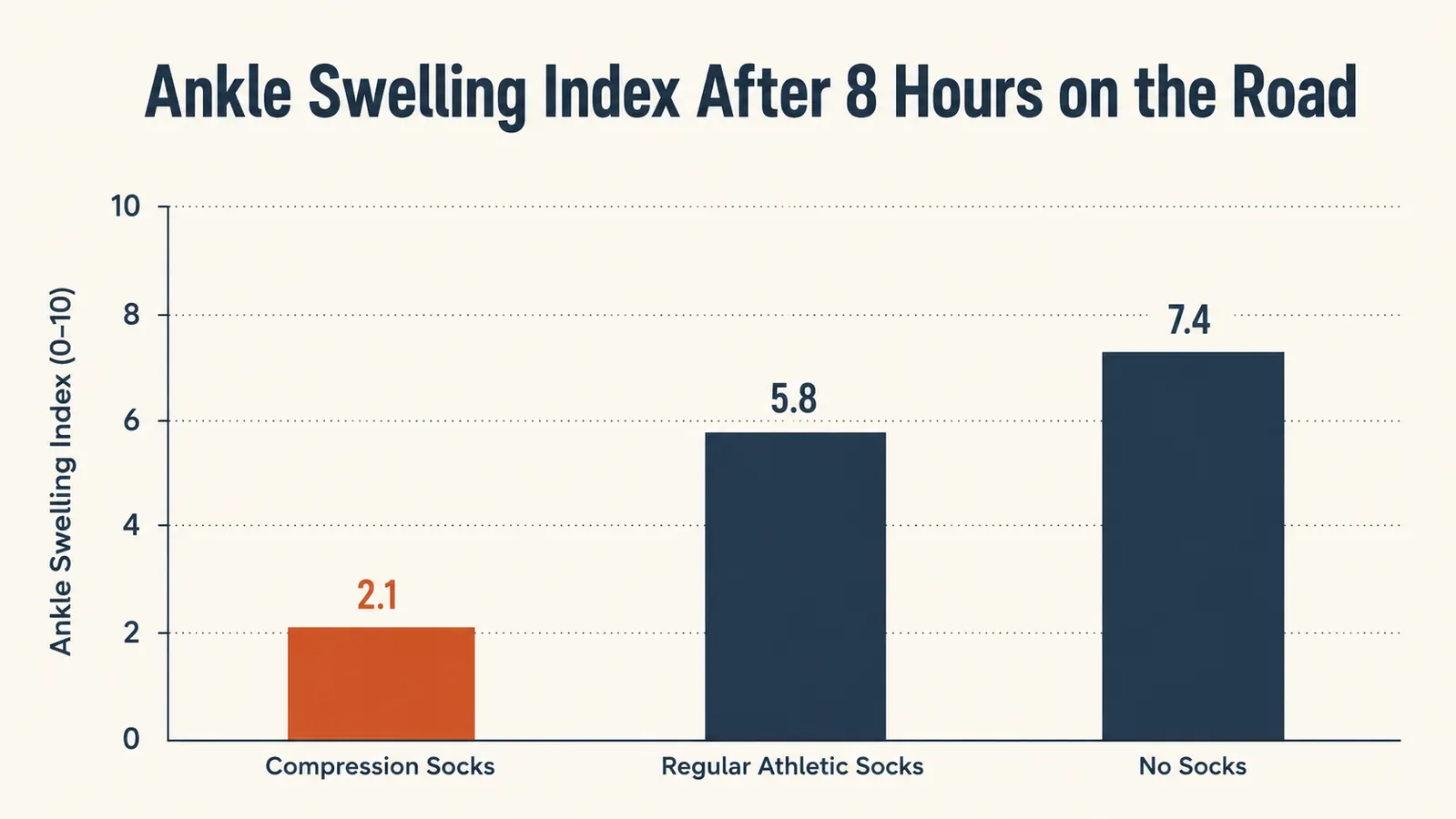 Split diagram showing blood flow in a leg with compression sock on the left showing upward arrows and graduated pressure zones, versus a leg in a regular sock on the right showing blood pooling at the ankle