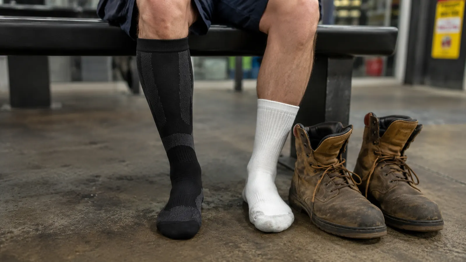 Long-haul trucker sitting at a rest area picnic table with legs stretched out, compression socks visible, big rig parked in the background