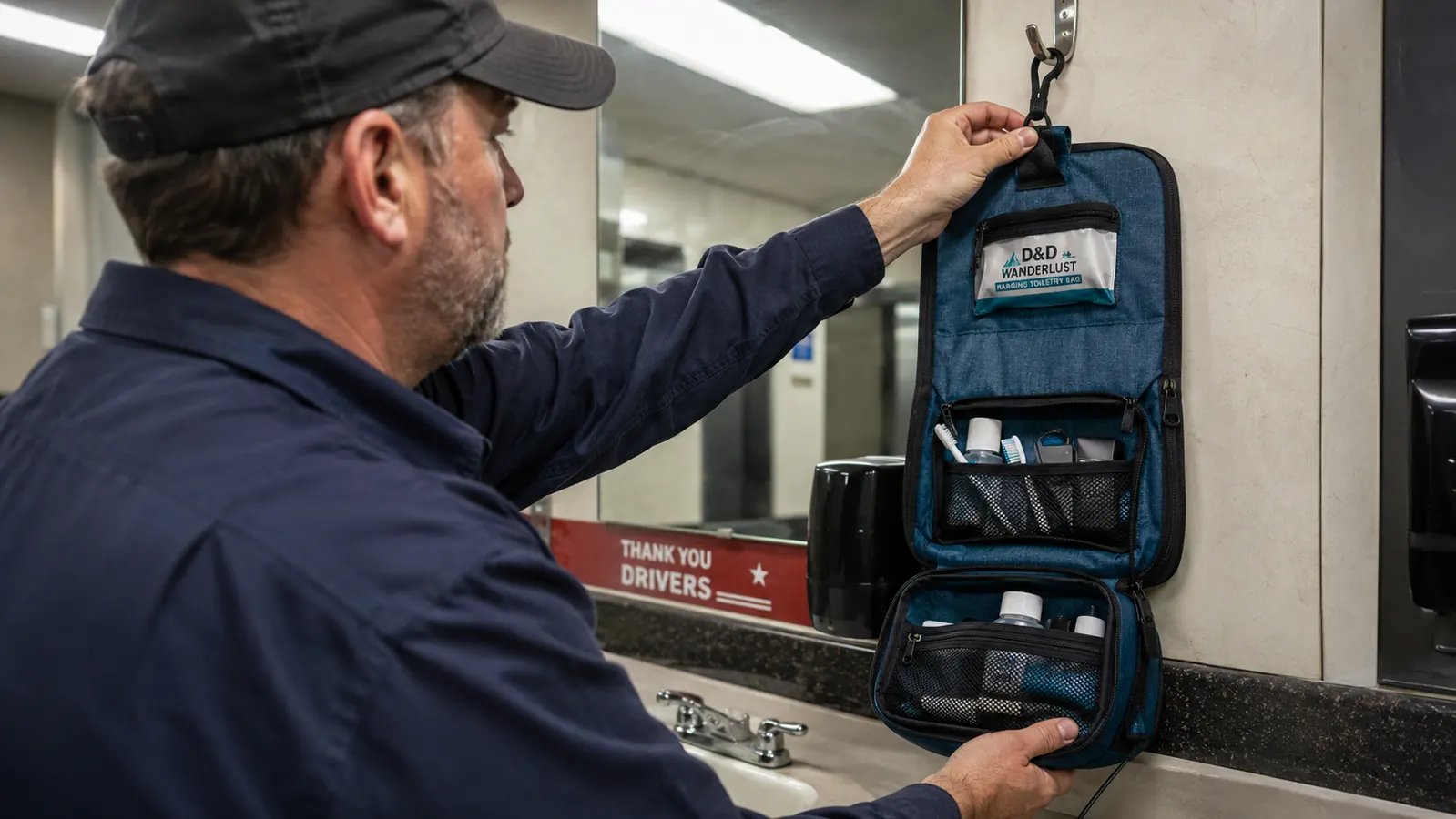 Close-up of the D&D Wanderlust bag's main hook being tested on a flimsy plastic stall door
