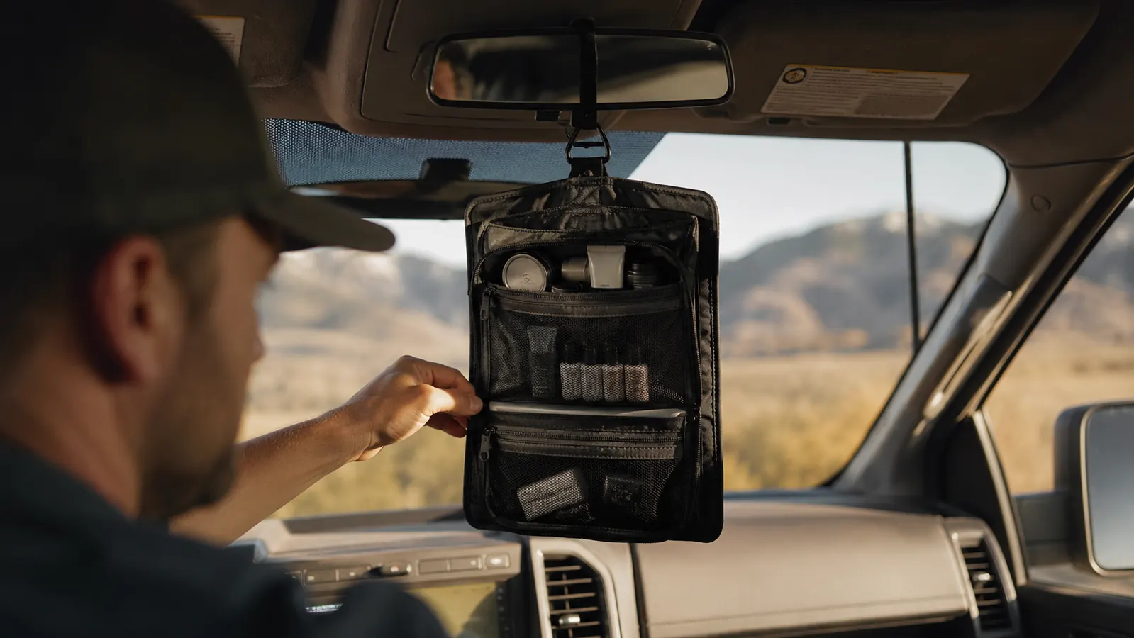 Hanging toiletry bag closed and zipped, hanging from a truck cab storage hook next to a bunk