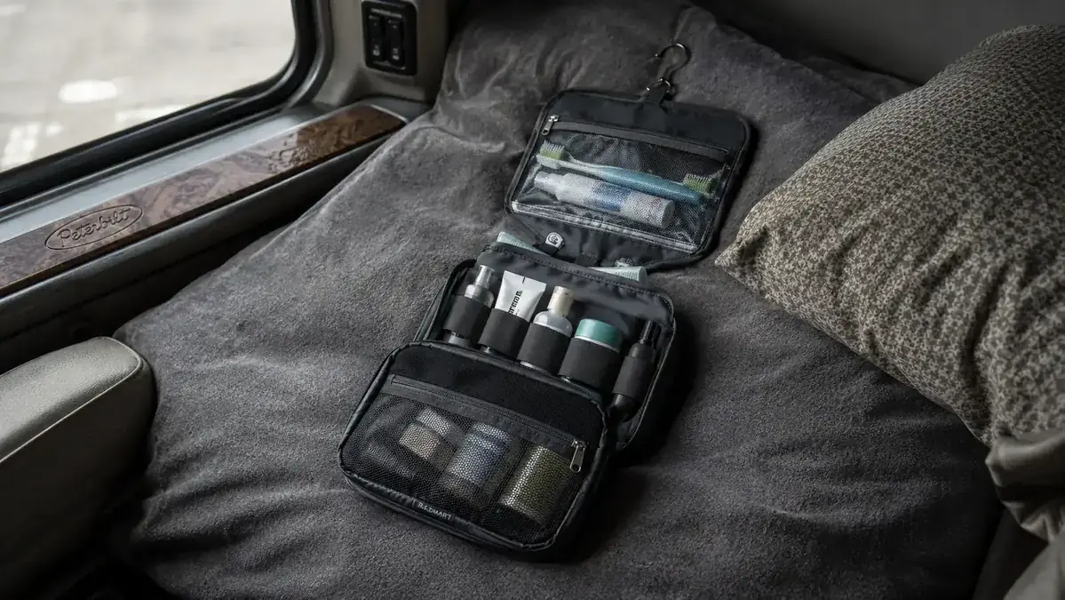 Side-by-side comparison of a dry toiletry bag exterior versus one with water droplets on the nylon surface