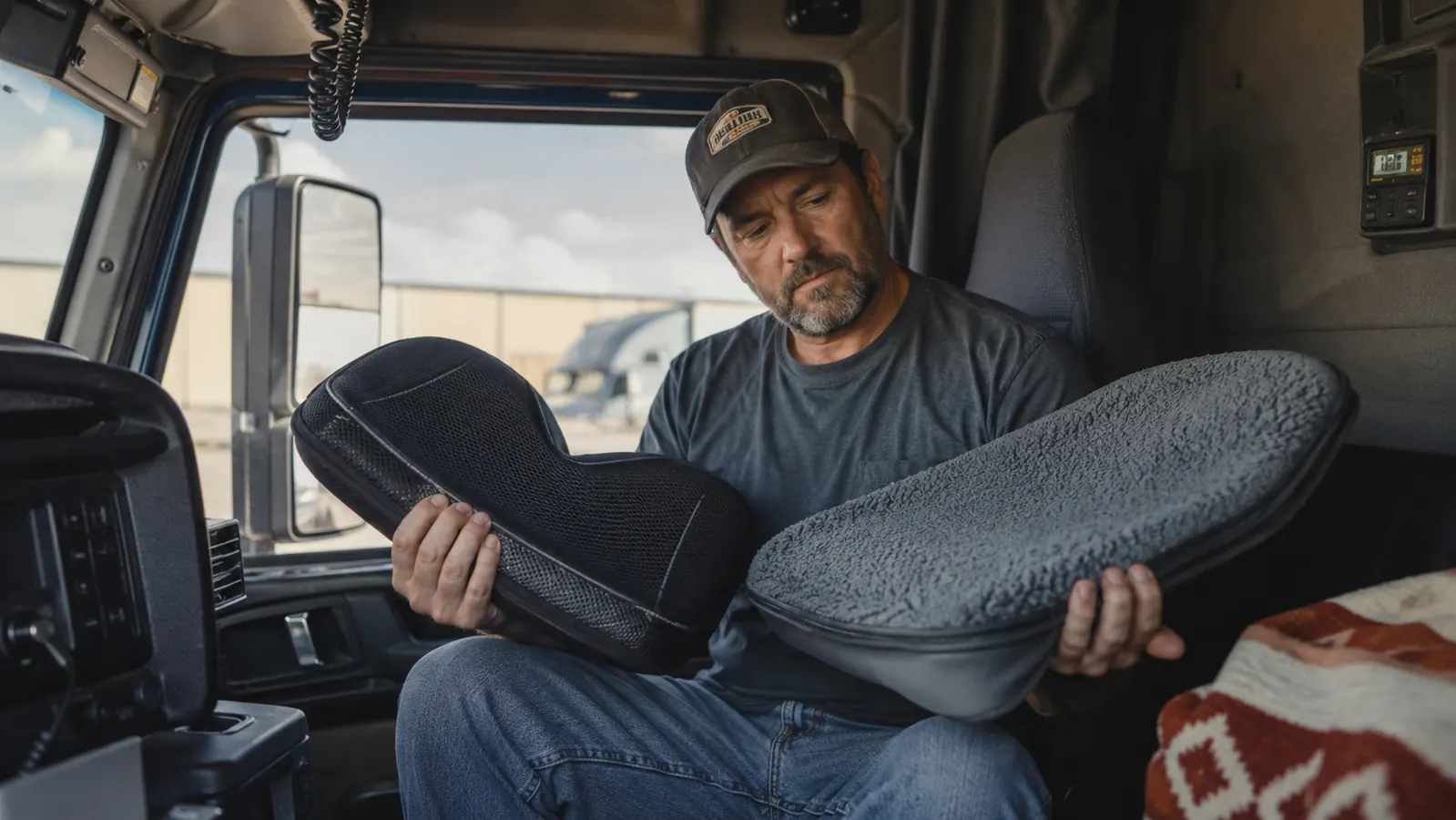 Truck driver adjusting a seat cushion before a long haul, cab door open, early morning at a truck stop