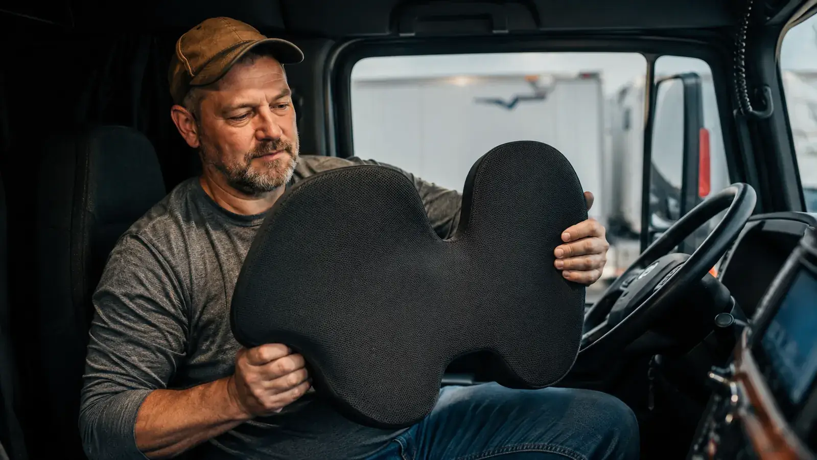 Black memory foam seat cushion on a truck cab driver seat, morning light through windshield