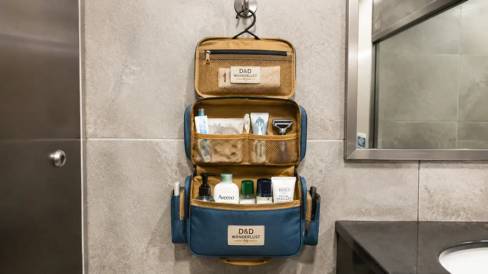 A D&D Wanderlust hanging toiletry bag packed and folded, resting on a truck cab passenger seat ready to stow