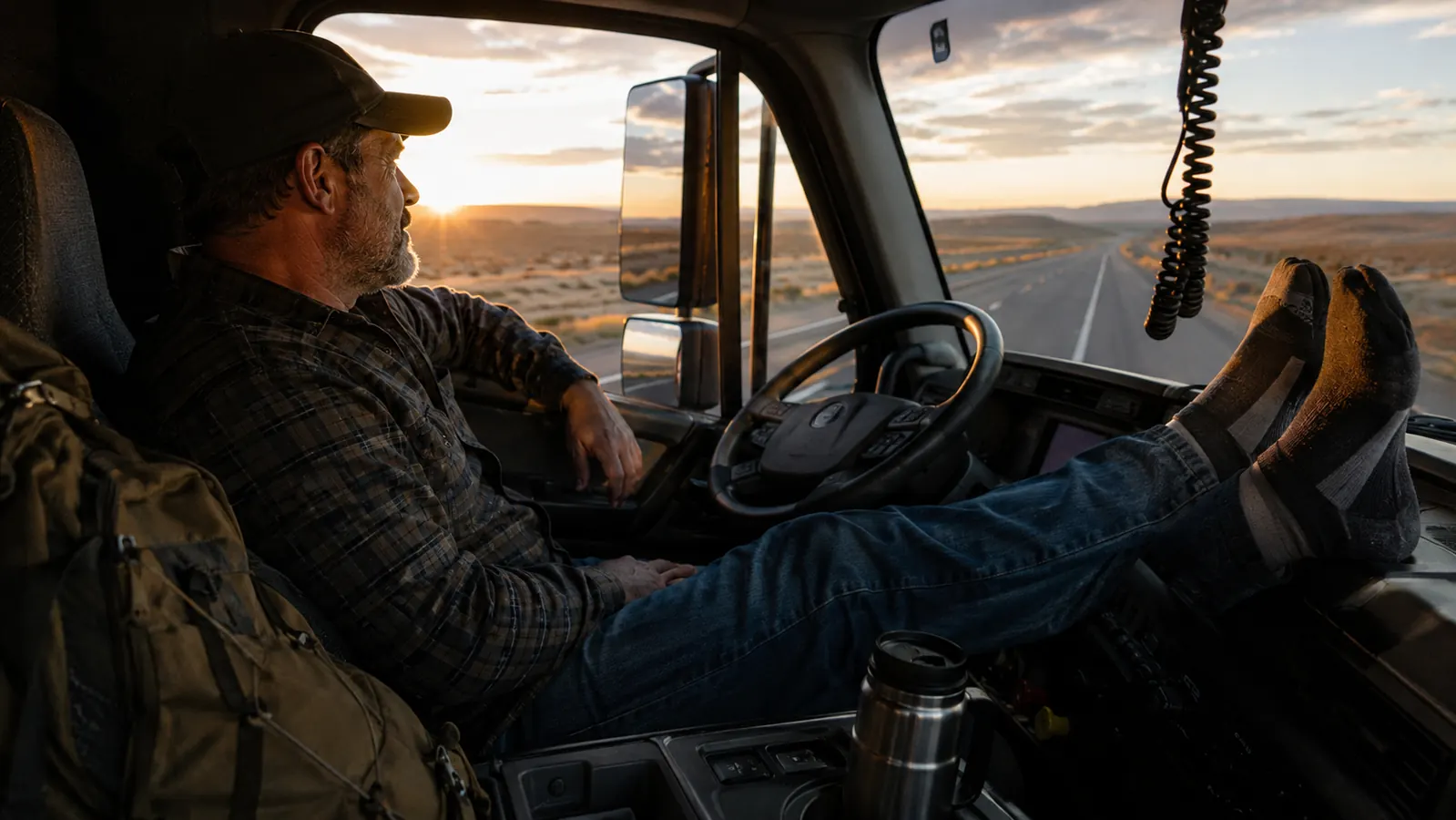A long-haul truck driver settling into the cab seat at dawn with travel gear within reach, warm morning light through the windshield