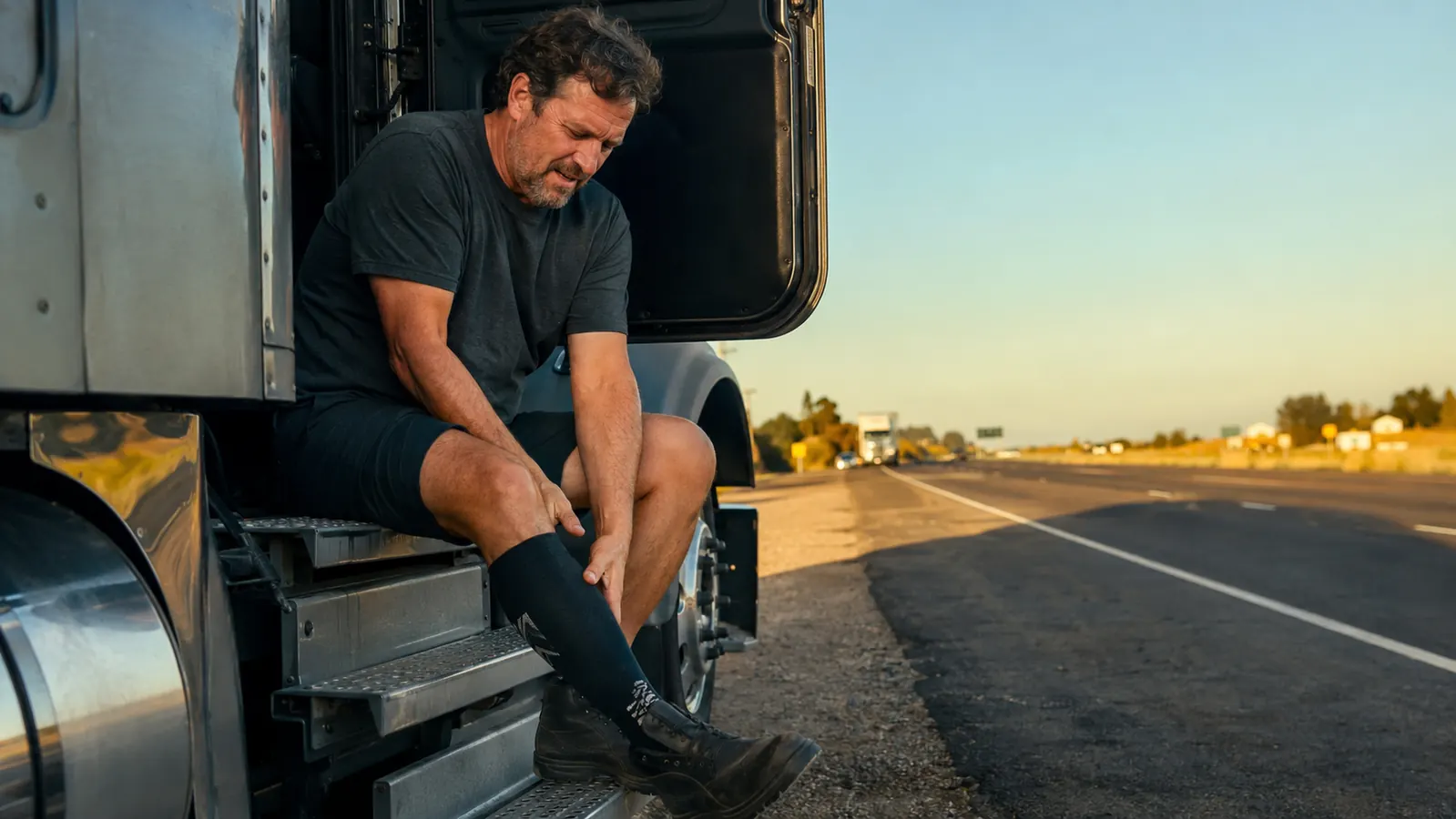 Truck driver's legs visible in cab, compression socks on, highway visible through windshield at dusk