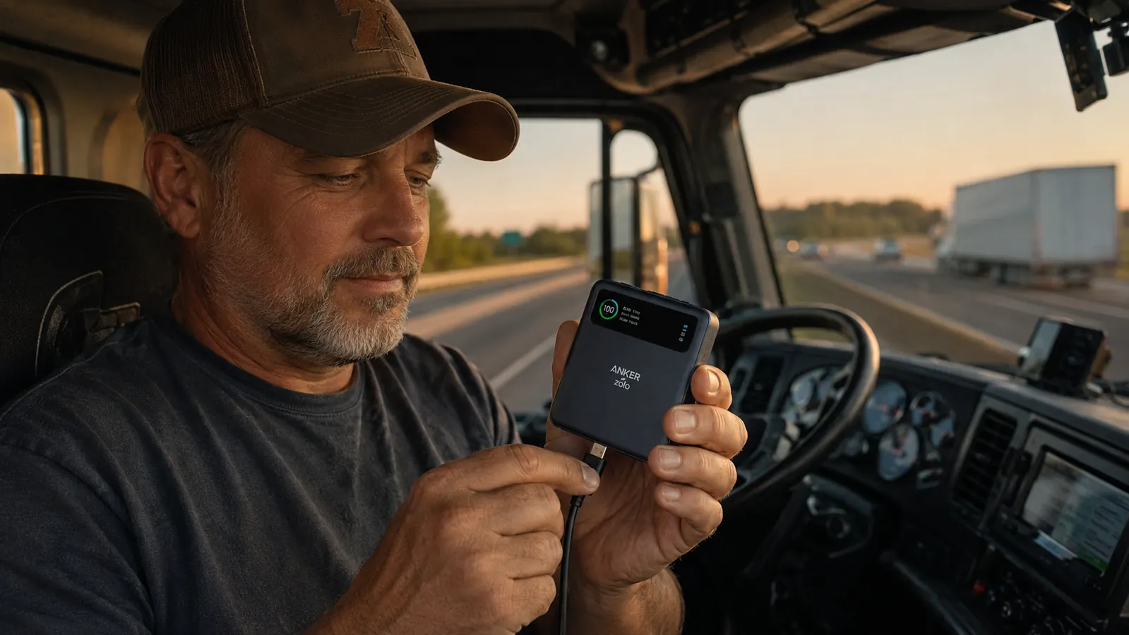 Hand plugging a USB-C cable into an Anker Zolo 20000mAh power bank resting on a truck cab console