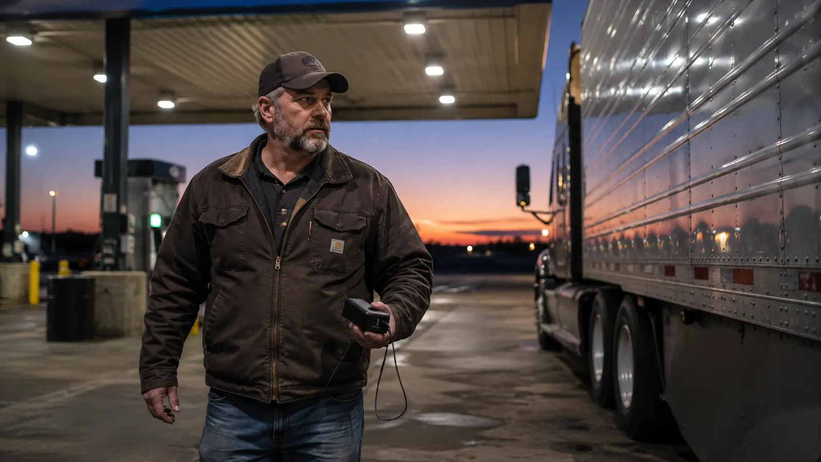 Trucker at a rest stop bench charging a phone from a portable power bank, backpack beside him
