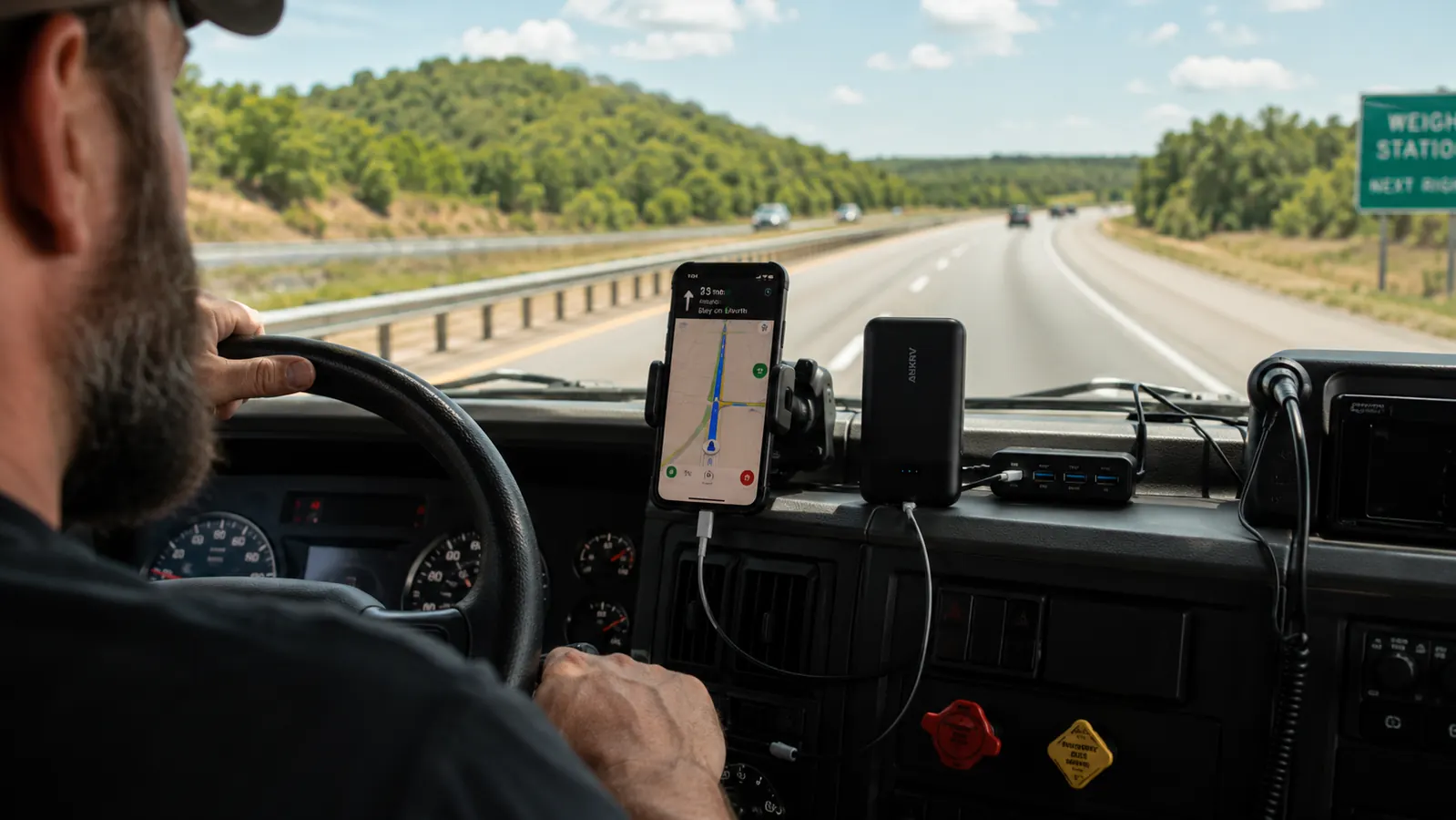 Long-haul truck cab at night with phone, GPS, and tablet lit up on the dash, power cables neatly routed