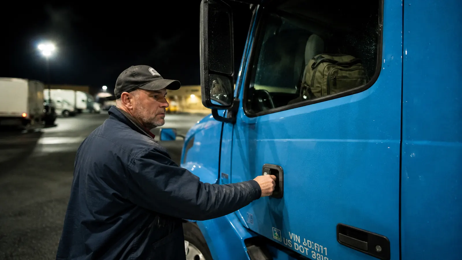 Truck driver locking a backpack at a busy rest area at dusk