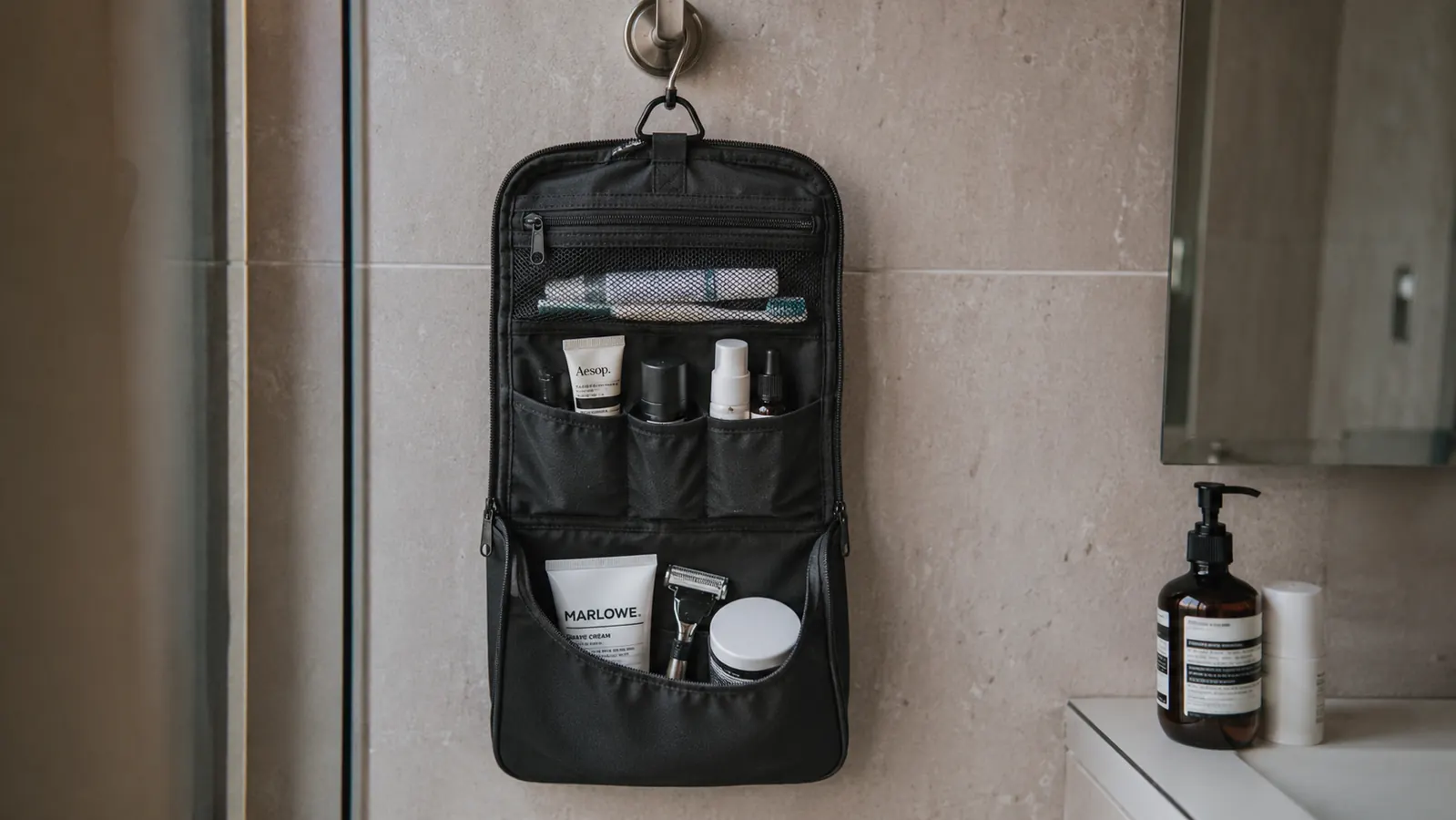 Flat lay of a compact travel grooming kit: razor, mini shaving cream, deodorant, toothbrush, comb, and face wash arranged on a gray towel