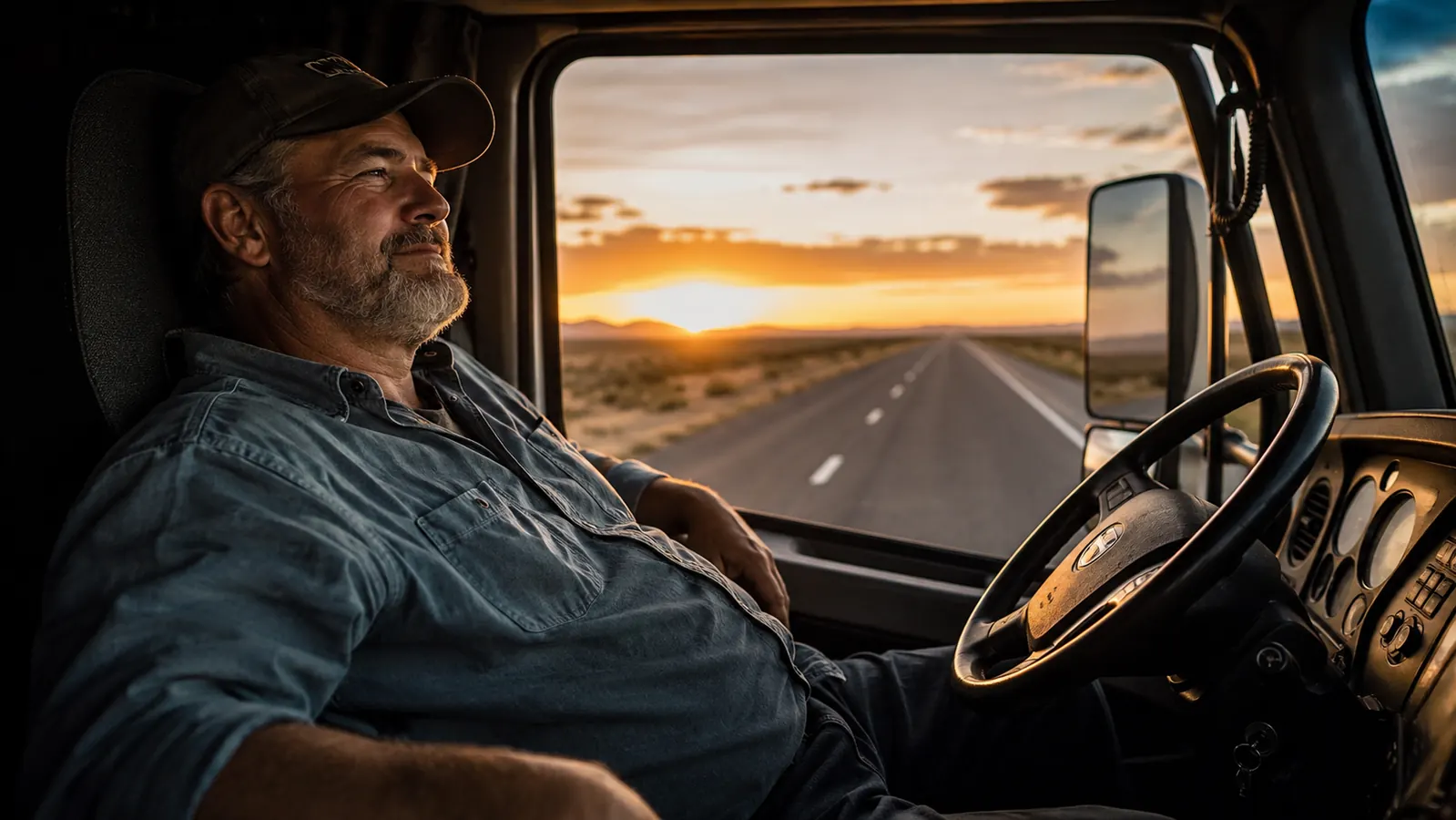 Long-haul truck parked at dawn at a rest stop, cab door open, empty highway stretching ahead