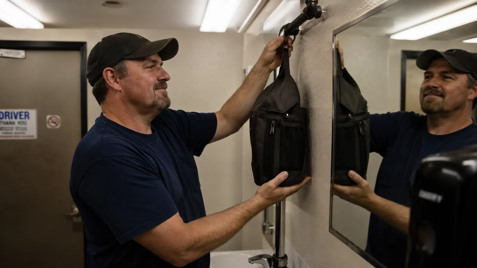 A hanging toiletry bag on a hook inside a truck stop bathroom stall, neatly organized with travel-sized grooming products visible