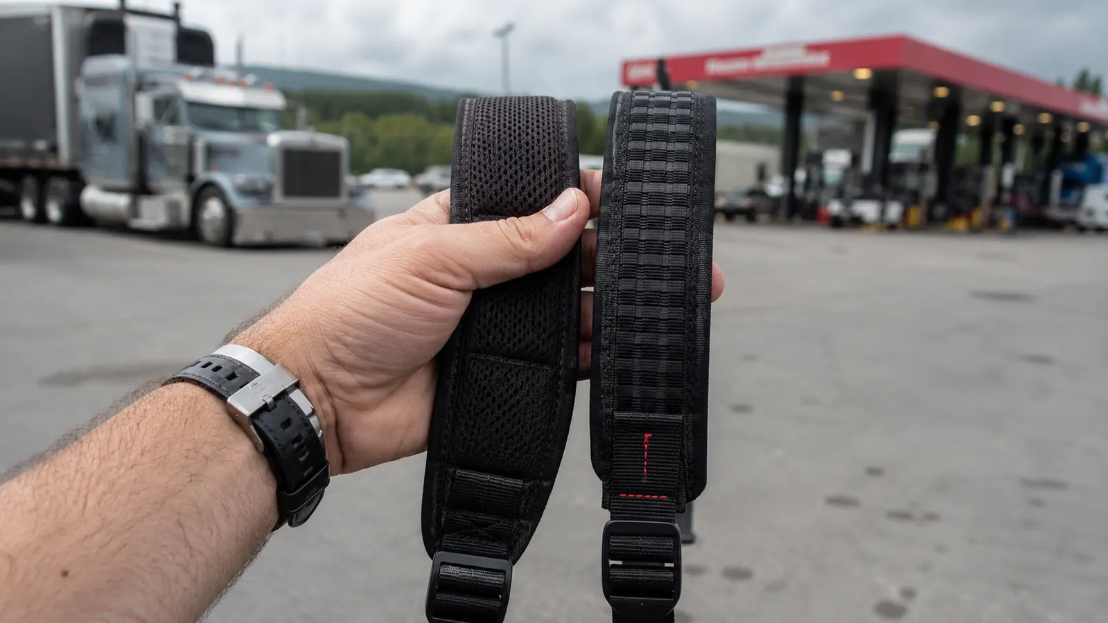A travel backpack hanging from a hook inside a truck cab bunk area with a large tumbler in the side pocket