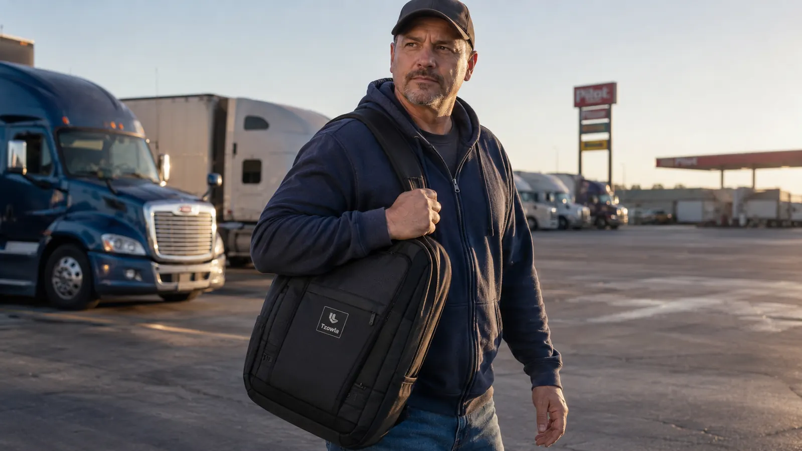 Tzowla backpack open on a truck bunk showing laptop compartment and organized pockets